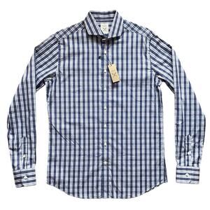 Strong Suit Button Up Dress Shirt Long Sleeve Plaid Check Mens New Blue White